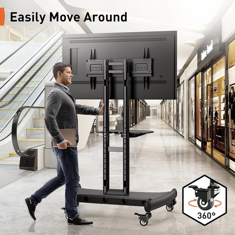 Perlegear Rolling TV Stand for 32-82 Inch Flat/Curved LED/LCD/OLED TVs, Outdoor Mobile TV Carts on Wheels with Adjustable Shelf, VESA 600x400mm up to 100lbs, Portable Mount with Wheels PGTVMC05-1 - Image 3
